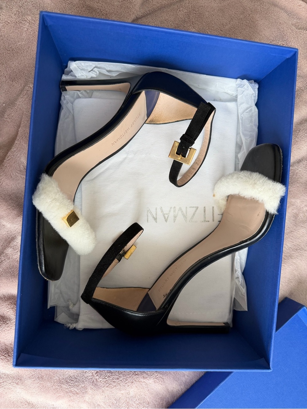 Stuart Weitzman Black Leather Heels with White Fur Trim and Gold Hardware Size 8